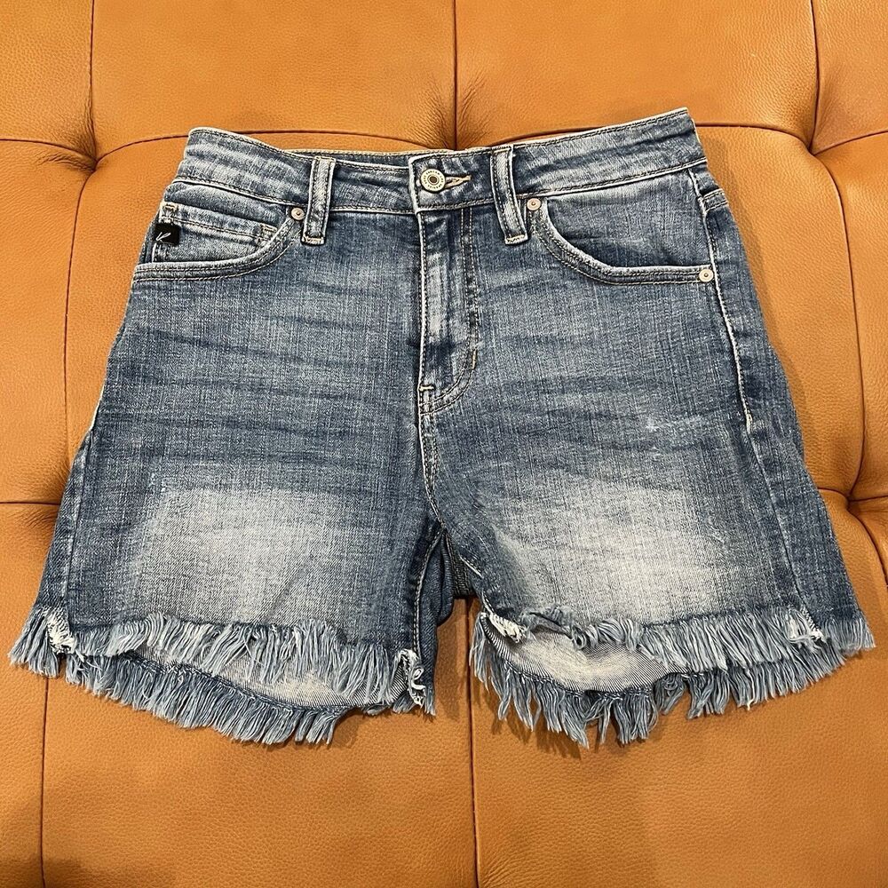 Kancan High Rise Blue Distressed Denim Shorts Fringe Waist & Hem #KC9262M EUC 27
